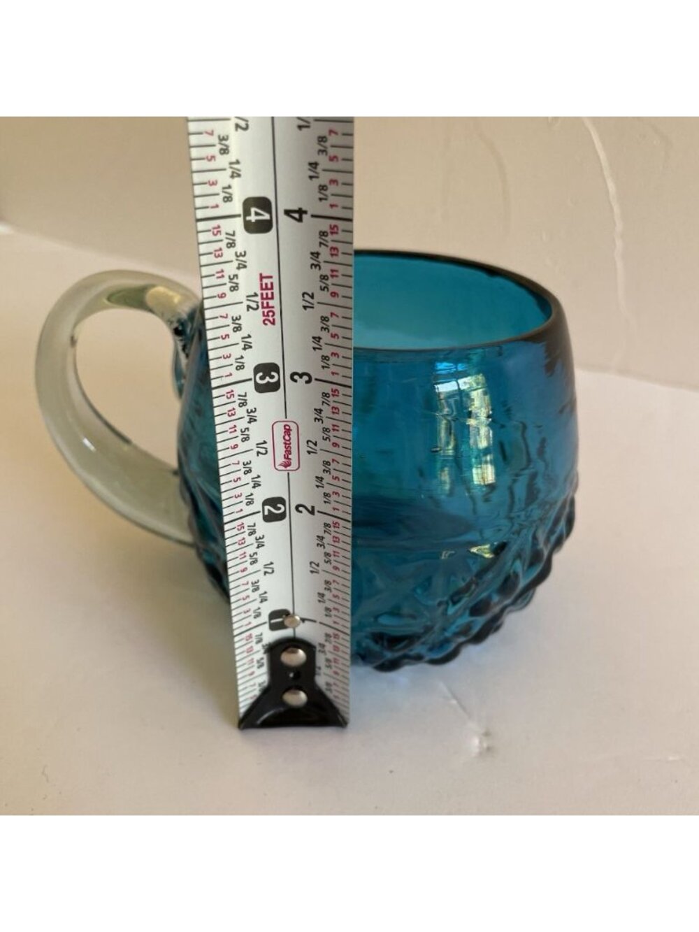 Blue Glass Hand Blown Coffee Mug Cup With Clear Glass Applied Handle 8oz - Picture 9 of 10
